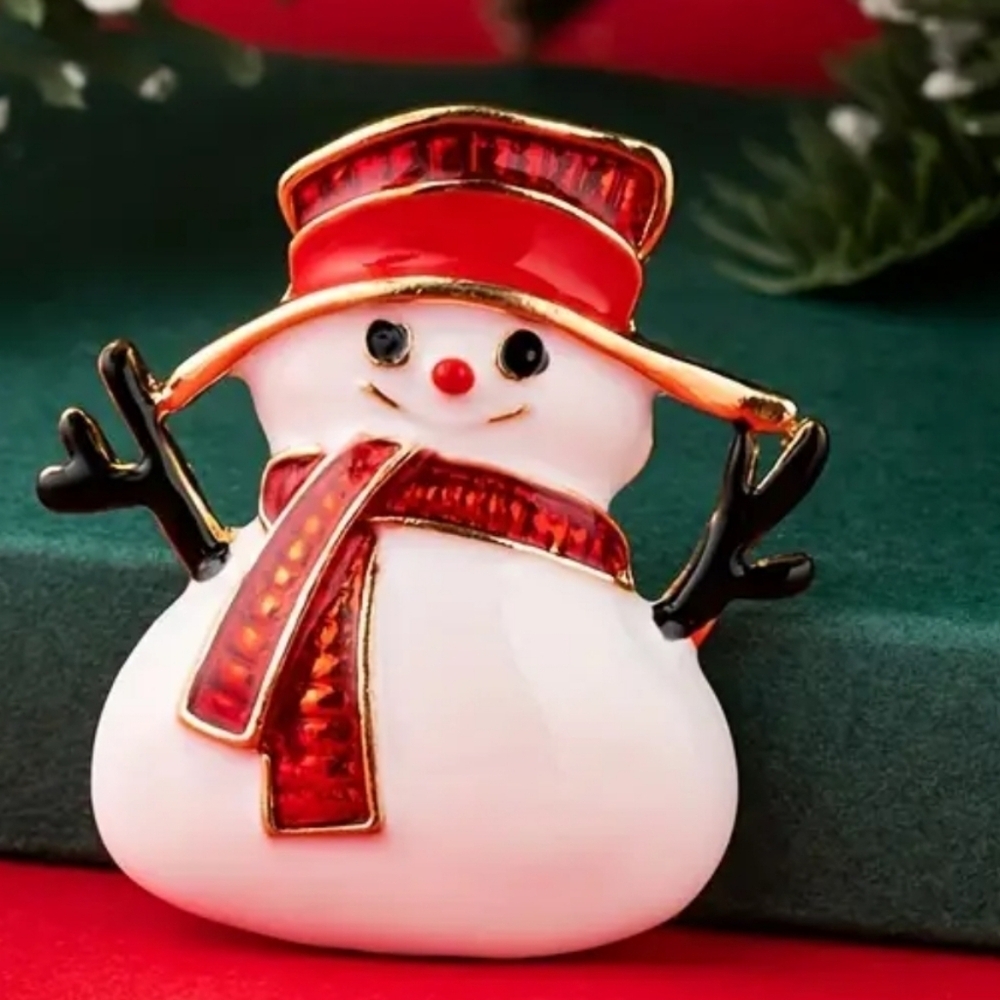 Brooch Christmas Pearlized Body Snowman Pin Rhinestones Gold Tone
